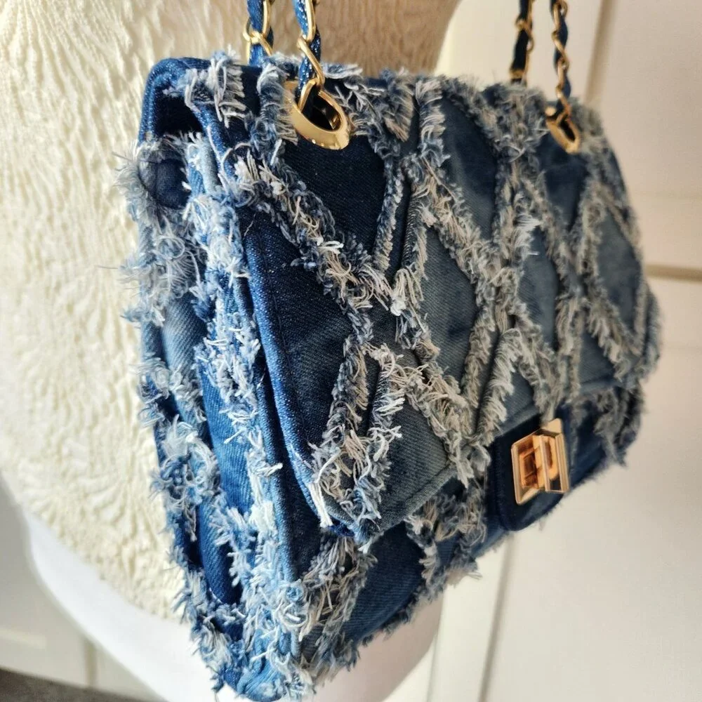 M. Marco MKP Quilted Distressed Denim Jean Handbag Crossbody Gold Chain Y2K 90s - Picture 3 of 12